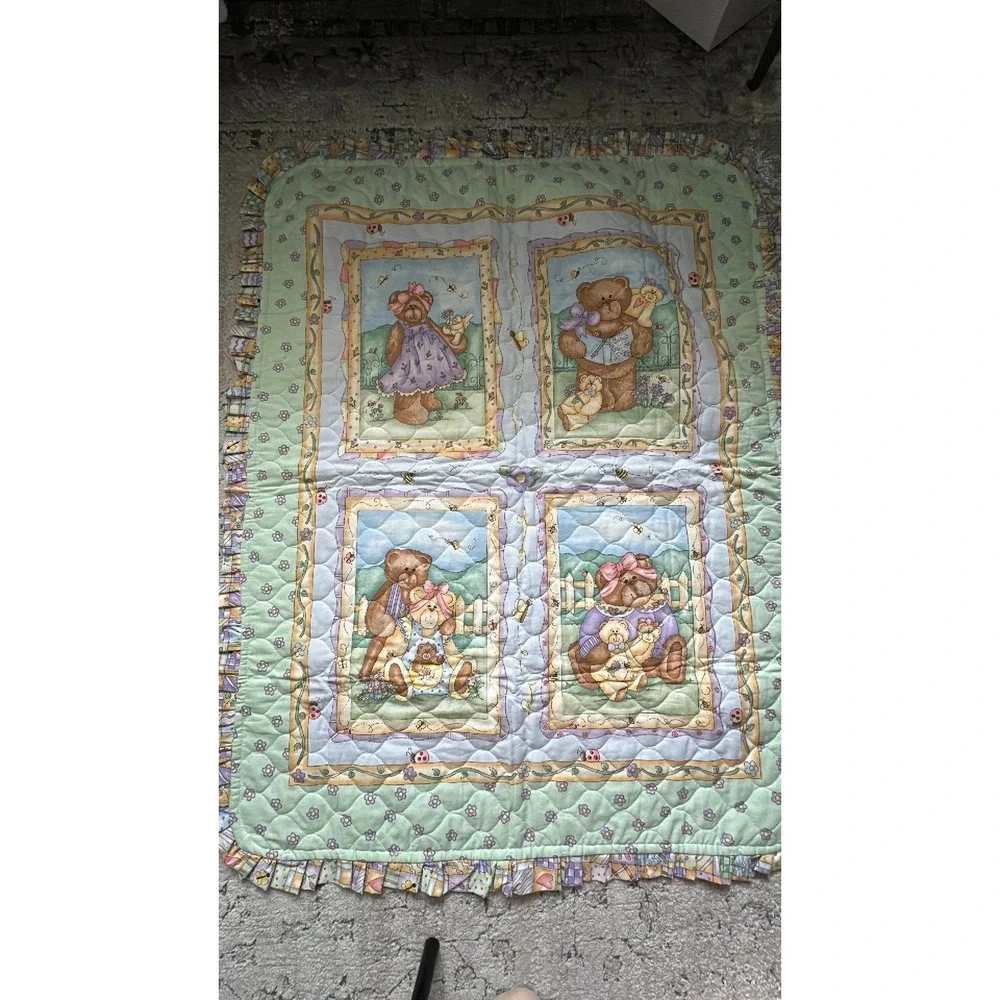 Vintage Teddy Bear Bedtime Stories Baby Quilt Pastel Ruffle Reversible Blanket